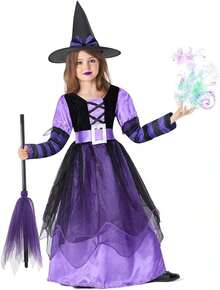 HomeChi Disfraz Bruja para Niña Halloween, Vestido de Bruja con Sombreros y Palos de Escoba, Outfit Lindo Trajes Cosplay para Fiestas Infantiles Cumpleaño Espectáculo Carnaval Halloween - Morado - Ver 5