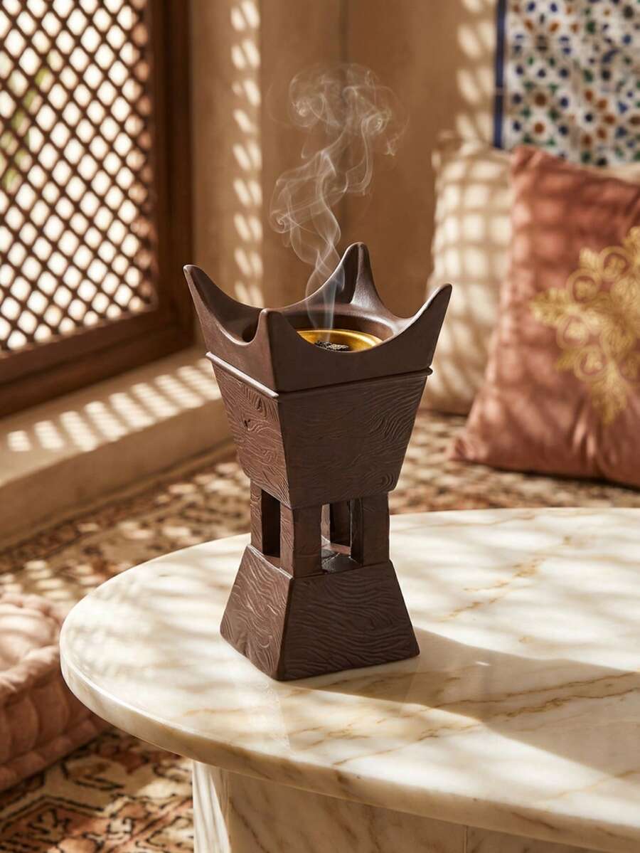 1 Pc/Set Dark Brown Wood Grain Crown Top Resin Incense Burner. Modern Wabi-Sabi Style Bakhoor Burner. Tall Foot Design With Upper And Lower Spliced Structure Incense Burner.