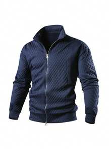 Men's Autumn/Winter Double Zipper Diamond Quilted Textured Fabric Casual Jacket - Navy Blue - View 4