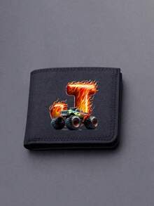 1pc Back To School Mini Cute Cartoon Personalized Fun 26 Excavator Construction Vehicle Flame Letter Print Bifold Wallet, Multiple Card Slots Inside, Can Hold Bank Cards, ID Cards, Cash, Meets Daily Travel Storage Needs. Suitable As Fan Gift, Birthday Small Gift. - Black - View 18