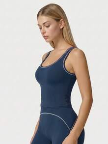 TimeOff Women's 1pc Contrast White Trim Line V-Neck Removable Padding Racerback Sports Tank Top - Navy Blue - View 5