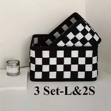 3pcs Fashionable Black & White Plaid Felt Storage Baskets, 3-Piece Open Desktop Organizer Bins For Cosmetics, Toiletries, Snacks, Remote Controls, Home Essential Storage Organizer For Bedroom, Office, Dorm, Closet, Shelf, Mother's Day Gift - Multicolor - View 6