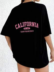 Plus Size - Damen-T-Shirt im europäischen und amerikanischen Sommerstil mit Rundhalsausschnitt und kurzen Ärmeln, leicht und atmungsaktiv, bedrucktes Design aus dem Jahr 2007 aus San Francisco, Kalifornien, locker geschnitten, geeignet für lässige Sommerkleidung, geeignet für Freizeitsportaktivitäten. - Schwarz - Übersicht 2