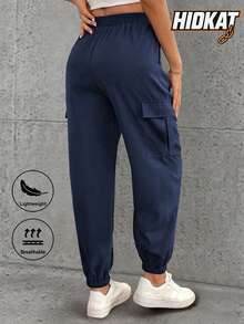 Pantaloni cargo da donna con vita con coulisse, design con tasche, pantaloni jogger casual da esterno per primavera e autunno, aderenti e sportivi - Blu - Visualizzare 4