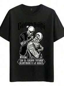 Skull Tattoo Artist, Classic Retro Hop Casual Fashion Y2K Skull Tattoo Popular Skull Letter Print Boutique 180g Cotton T-Shirt - 軍綠色 - 查看 1