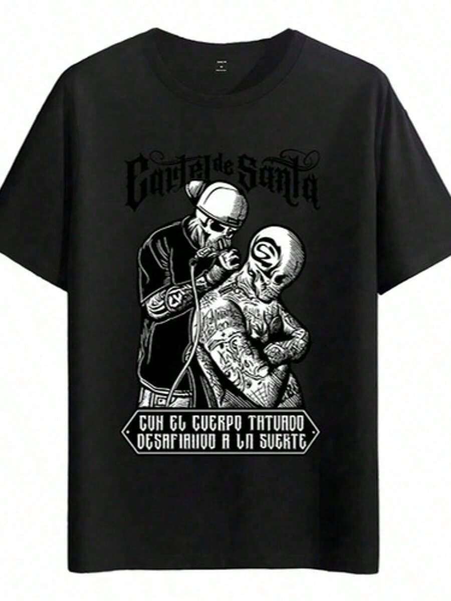 Skull Tattoo Artist, Classic Retro Hop Casual Fashion Y2K Skull Tattoo Popular Skull Letter Print Boutique 180g Cotton T-Shirt - 軍綠色 - 查看 1