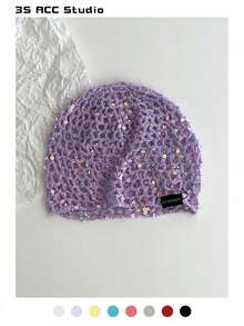 Gorro Tejido Calado Lila con Lentejuelas Brillantes, Accesorio Bohemio para Fiesta, Playa y Sesiones de Fotos Estéticas Mujer - Gorro con lentejuelas - Ver 1