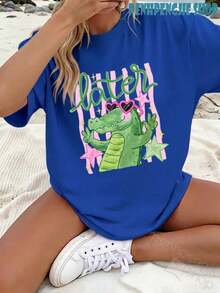 Women's Later Gator Funny Pun Cute Crocodile Casual Oversized Graphic Tee, Last Day Of School, 4th Of July, Vacation, Summer Tops, Teacher Outfits - 酒紅色 - 查看 1