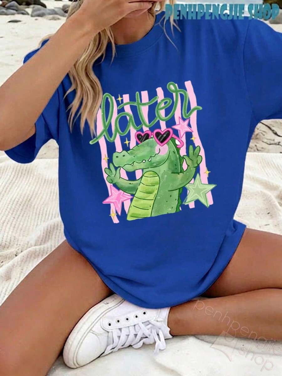 Women's Later Gator Funny Pun Cute Crocodile Casual Oversized Graphic Tee, Last Day Of School, 4th Of July, Vacation, Summer Tops, Teacher Outfits - 酒紅色 - 查看 1