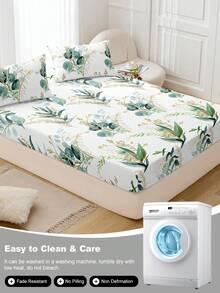 1pc Leaf Flower Print Bed Sheet, Bedding, Fitted Sheet, Mattress Cover, Soft And Comfortable Bedding For Bedroom Mattress Protector Fitted Bed Sheet Only, Machine Washable - Multicolor - View 7