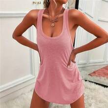 Women's Versatile Casual Summer Short Dress, European And American Style, Solid Color, With U-Neck And Sleeveless. - 藍色 - 查看 3