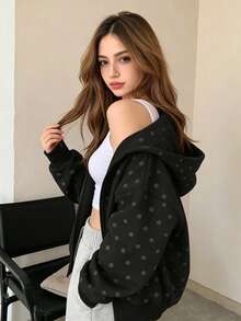 Vintage Autumn/Winter Polka Dot Women's Sports Sweatshirt Jacket, Autumn/Winter Essential Thermal Fabric With Pockets Fall - Multicolor - View 5