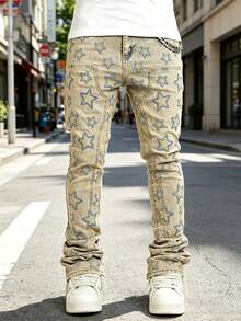 Men's Casual Straight Leg Jeans With Pockets, Emo Style - Medium Wash - View 1