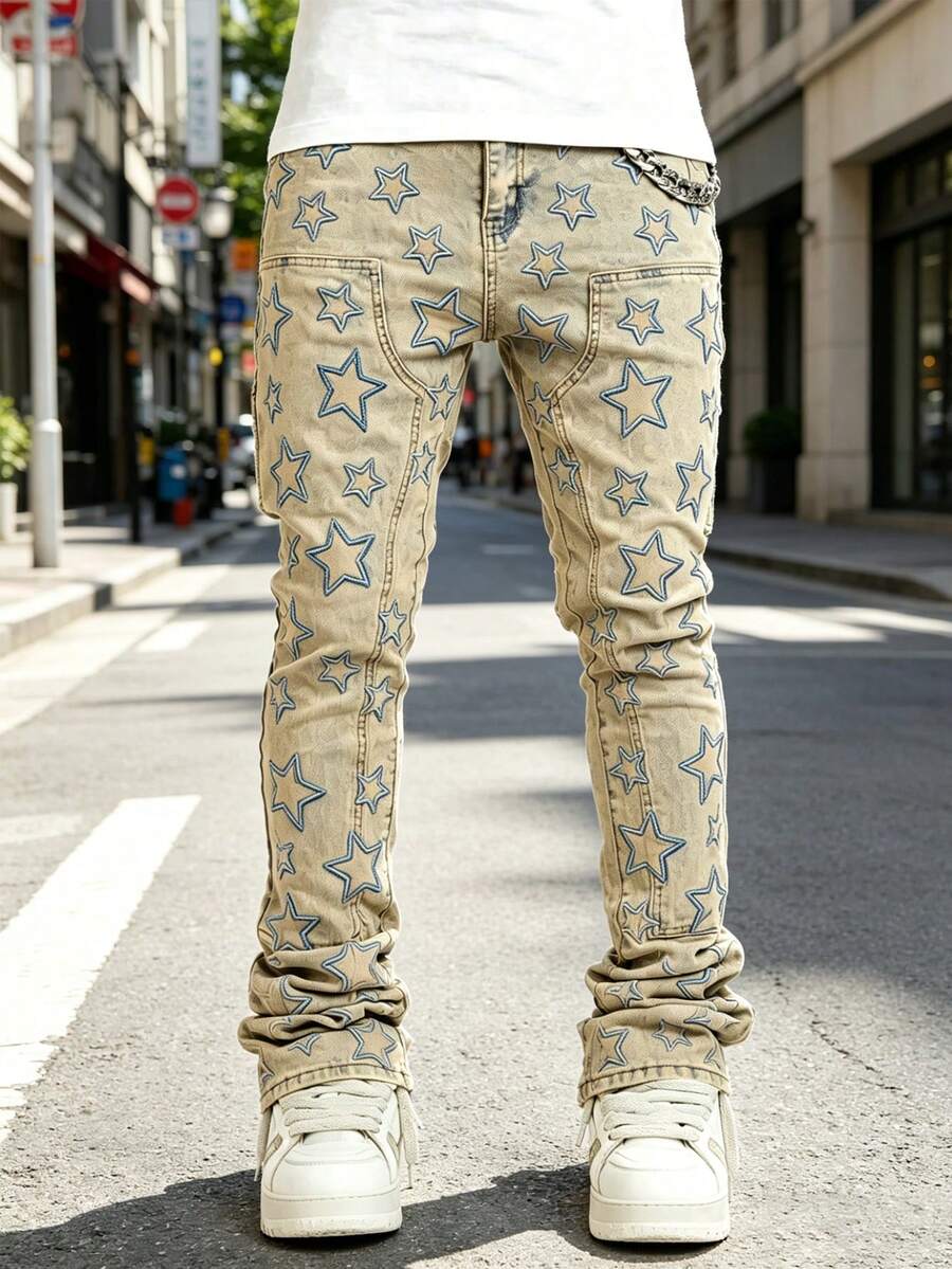 Men's Casual Straight Leg Jeans With Pockets, Emo Style - Medium Wash - View 1