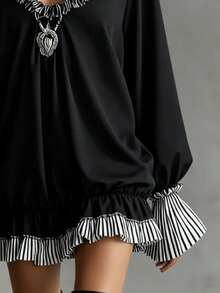 Retro Bohemian Elegant Loose Splice Black & White Striped Short Dress, Comfortable Casual Spring/Summer/Autumn - Black - View 4