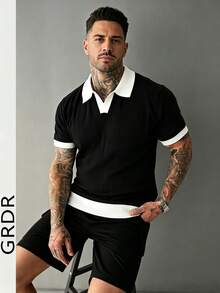 GRDR 男士夏季輕量針織短袖上衣，對比飾邊設計，時尚休閒 T-shirt - 黑色 - 查看 1