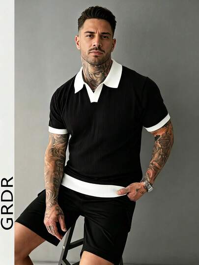 GRDR 男士夏季輕量針織短袖上衣，對比飾邊設計，時尚休閒 T-shirt