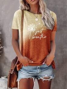 Dandelion Print T-Shirt With The Phrase "Just Breathe", Casual Short Sleeve Top With Round Neck, Women's Clothing - 棕色 - 查看 1