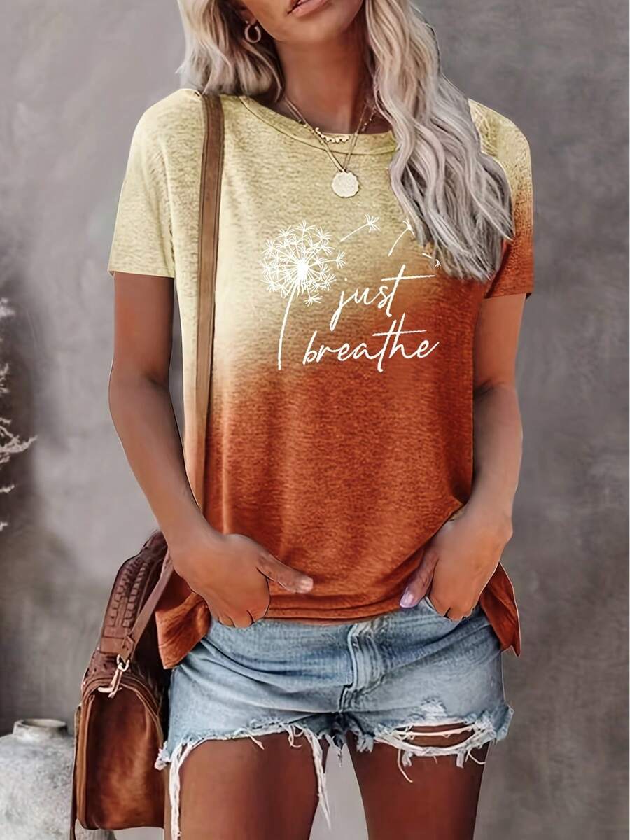 Dandelion Print T-Shirt With The Phrase "Just Breathe", Casual Short Sleeve Top With Round Neck, Women's Clothing - 棕色 - 查看 1