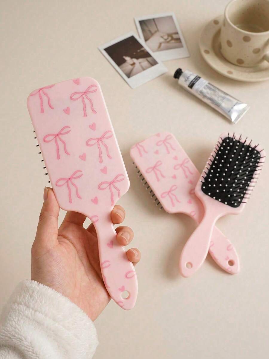 1 pieza/Peine de cojín de aire suave de ABS grande con lazo rosa, cepillo de cojín de aire desenredante, peinado suave, peine de cojín de aire cuadrado con lazo rosa claro y orificio para colgar, peine de cabello esponjoso, rosa juvenil, para uso diario en el hogar, baño, estudiante, todas las estaciones