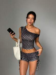 2pcs Polka Dot Pleated Set, Y2K Old Money Style, Women Asymmetric Cold Shoulder Top And Drawstring Side Shorts Sports - Black - View 1