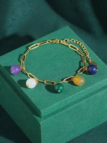 Conjunto de Joyas Vintage con Collar Colgante y Pendientes de Cuentas de Ágata Falsa de Bola Colorida con Piedra Natural, Elegante para Uso Diario, Chapado en Cobre y Oro de 18K para Mujeres - Bronce - Ver 13