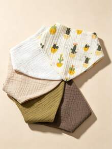 5pcs Newborn Bibs, Printed Pattern & Solid Color, Pure Cotton Plain Weave Soft Skin-Friendly, Suitable For Boys & Girls All Seasons - 彩色 - 查看 4