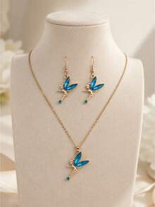 1 Set 3pcs Necklace & Earrings Set, KC Gold-Tone Rhinestone Inlaid, Fairy Elf Design, Iron Chain Zinc Alloy Pendant With Rhinestones, Cute Elegant Pastoral Style, Suitable For Daily Wear, Music Festivals, Gifts, Holiday Celebrations - Elves - View 15