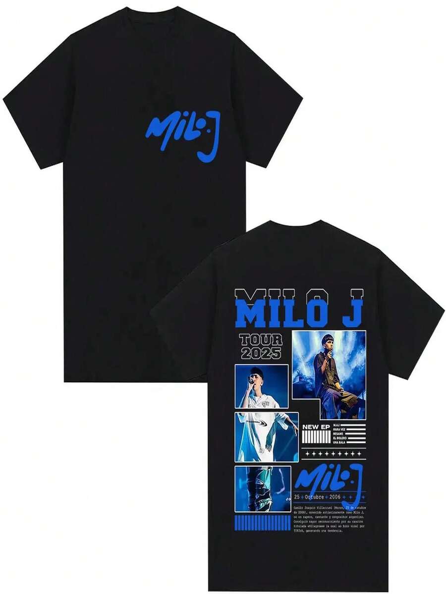 Milo J Album Graphic T-Shirt - Men's Hip Hop Fashion Short Sleeve T-Shirt - Casual Cotton Streetwear Style T-Shirt - 黑色 - 查看 1