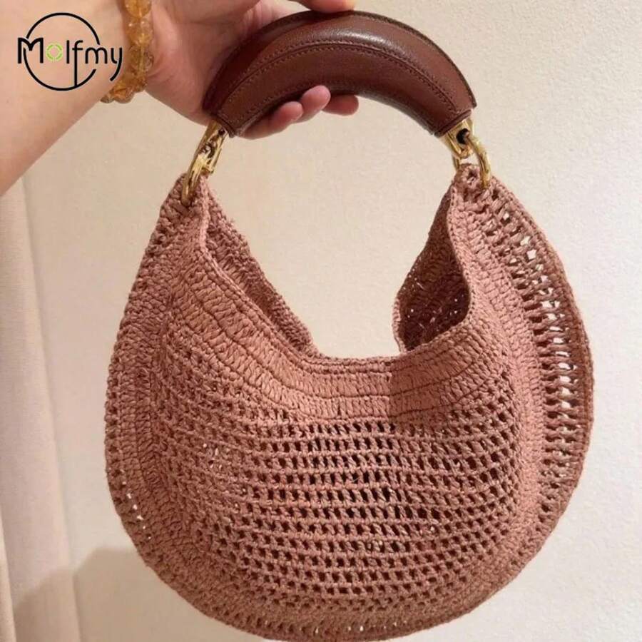 Luxuriöse, croissantförmige gewebte Handtasche, elegantes, hohles Design, Damen-Unterarmtasche, multifunktionale Stroh-Strandtasche, geeignet für den Urlaub, Damenhandtasche. - Rose - Übersicht 1