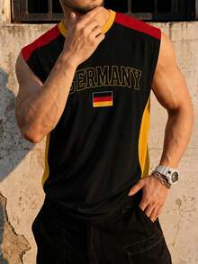 Fractyr 男士「Germany」國旗印花拼色無袖背心，柔軟復古運動寬鬆肌肉背心，復古足球休閒夏季背心 - 黑色 - 查看 3