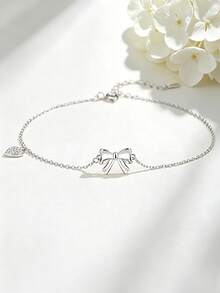 1pc S925 Sterling Silver Bow & Heart Full Rhinestone Thin Ankle Chain, Ins Korean Style Minimalist Sweet Personalized Gentle Girl Elegant Versatile Foot Jewelry, Women's Summer Beach Vacation Photo Outfit Adjustable Anklet, Exquisite Valentine's Day Gift - Bow - View 8