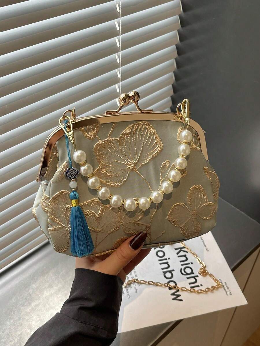 Elegant Women's Handbag With Beaded Embroidery And Fringe, Floral Print, Clutch, Suitable For Evening Party, Wedding, Banquet, Mother's Day Gift, Bridesmaid, Saint - 藍色 - 查看 1