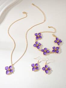 1 Set Cute Sweet Vacation Style Enamel Flower Necklace, Bracelet And Earrings Set, Can Be Layered Or Worn Separately, Suitable For Holiday Travel, Dating, Beach Vacation And Daily Wear, - Purple - View 6
