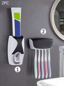 2pcs Automatic Toothbrush & Toothpaste Dispenser Set, Wall-Mounted Toothpaste Squeezer And Toothbrush Holder Set, Fully Automatic Toothbrush Holder + Toothbrush Rack Set, No-Drill Wall-Mounted 5-Slot Toothbrush Holder, Suitable For Kids, Family And Bathroom Use, Mother's Day Gift - Multicolor - View 13