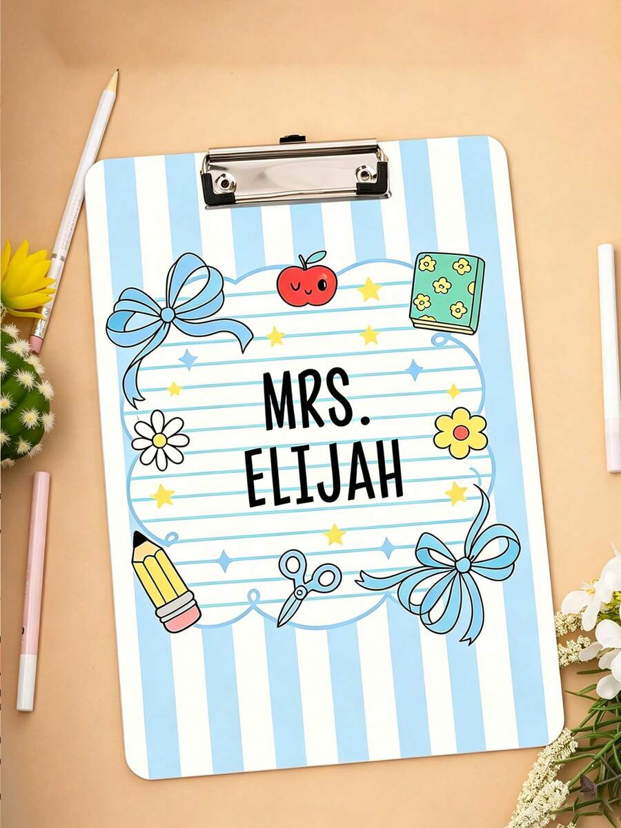 Customized Text Teacher Clipboard, Personalized Name Acrylic Clipboard, Cute Cartoon Floral Bow Print, Customized Name File Board, Back To School Teacher Appreciation Gift, Office And School Supplies - Multicolor - View 1