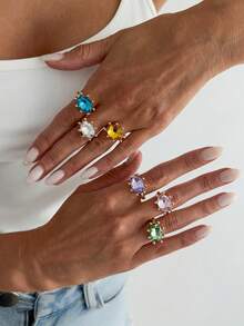 1pc Silver-Tone Oval-Shaped Colorful Crystal Open Ring, Multi-Color Rhinestone Adjustable Stackable Finger Ring, Minimalist Style Women's Daily And Party Wear Jewelry, Also Suitable As A Gift - Gold Open Ring - View 4