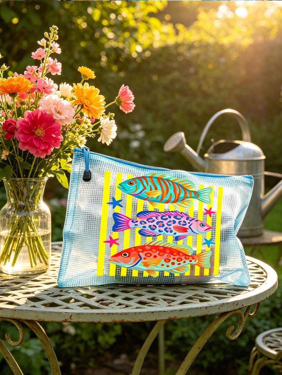 Bolsa de playa impermeable de moda con patrón de peces de colores, bolsa de maquillaje transparente de gran capacidad con tema oceánico, cremallera de nailon, bolsa de almacenamiento ligera con protección solar, bolsa de almacenamiento multifuncional, adecuada para natación, playa, buceo y verano - Multicolor - Ver 1