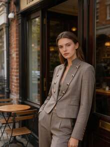 Stand Collar Double-Breasted Gold Button Short Blazer - Grey - View 5