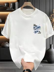 setas gráficas para hombre, estilo casual, con estampado de montaña nevada, tela cómoda, transpirable y ligeramente elástica, elegante camiseta de manga corta con cuello redondo para hombre. - Negro - Ver 11