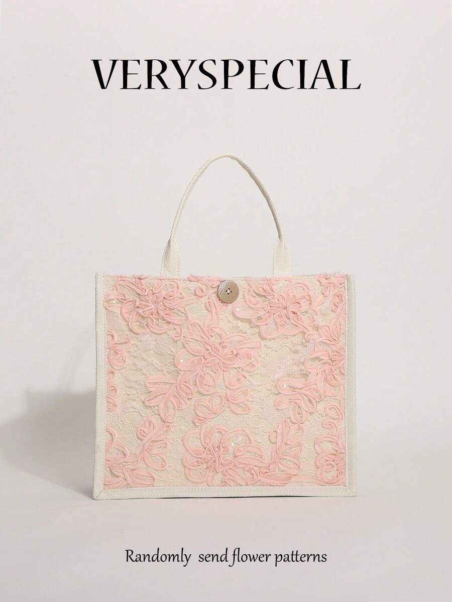 Bolso de mano de lino con patchwork de malla con lentejuelas y bordado floral azul claro, bolso tote de gran capacidad con patrón floral horizontal cuadrado, adecuado para vacaciones casuales (patrón floral distribuido aleatoriamente)