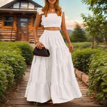 Conjunto de Vestido de Dos Piezas Elegante y Sexy de Color Sólido con Tirantes y Cintura Media para el Verano de 2026 - Blanco - Ver 1