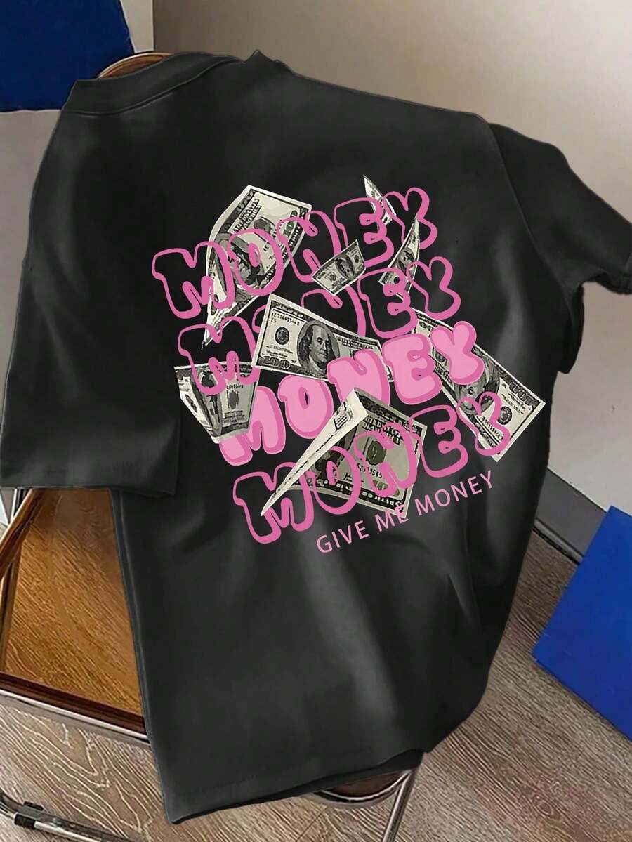 Manfinity Hypemode Camiseta casual de manga corta con cuello redondo y estampado gráfico de letras para hombres de talla grande, para salir - Negro - Ver 1