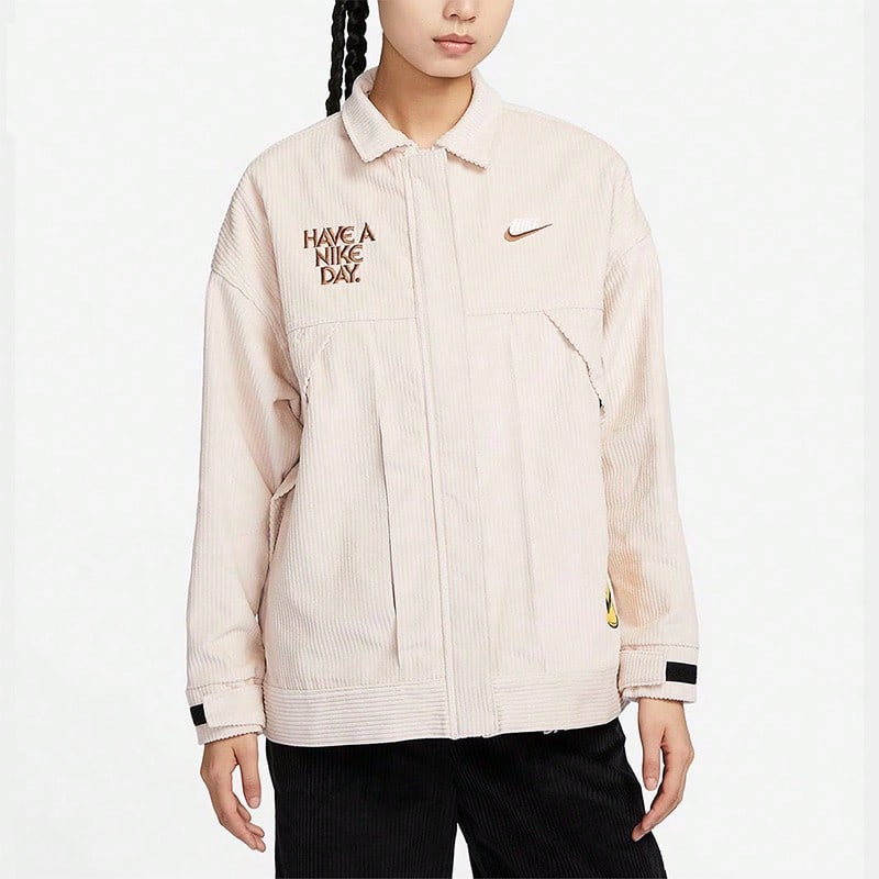 Nike 字母笑臉燈芯絨美式復古學院風 舒適翻領休閒運動夾克 女款 粉紅色 - 粉色 - 查看 1