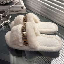 Pantuflas de moda para mujer, suaves y esponjosas, diseño de punta abierta, adecuadas para uso en el hogar, la talla corre pequeña - Blanco - Ver 1