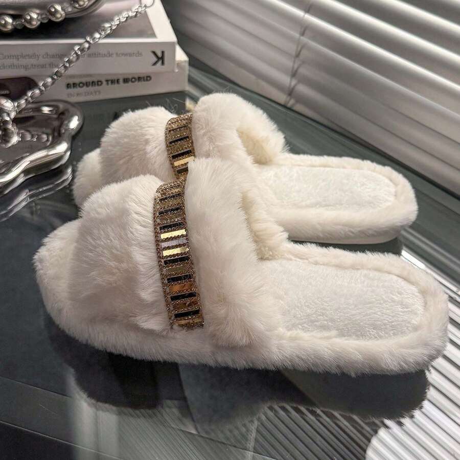 Pantuflas de moda para mujer, suaves y esponjosas, diseño de punta abierta, adecuadas para uso en el hogar, la talla corre pequeña - Blanco - Ver 1