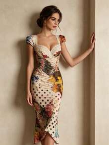 ELYRADIA Robe d'été élégante à imprimé floral et pois - Beige - Voir 6