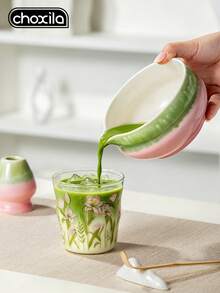 choxila 2pcs Pink-Green Gradient Ceramic Matcha Bowl Set, Includes Tea Whisk Holder, Spout Japanese Tea Bowl, Suitable For Matcha Tea Ceremony - Matcha Two-piece Set - View 6