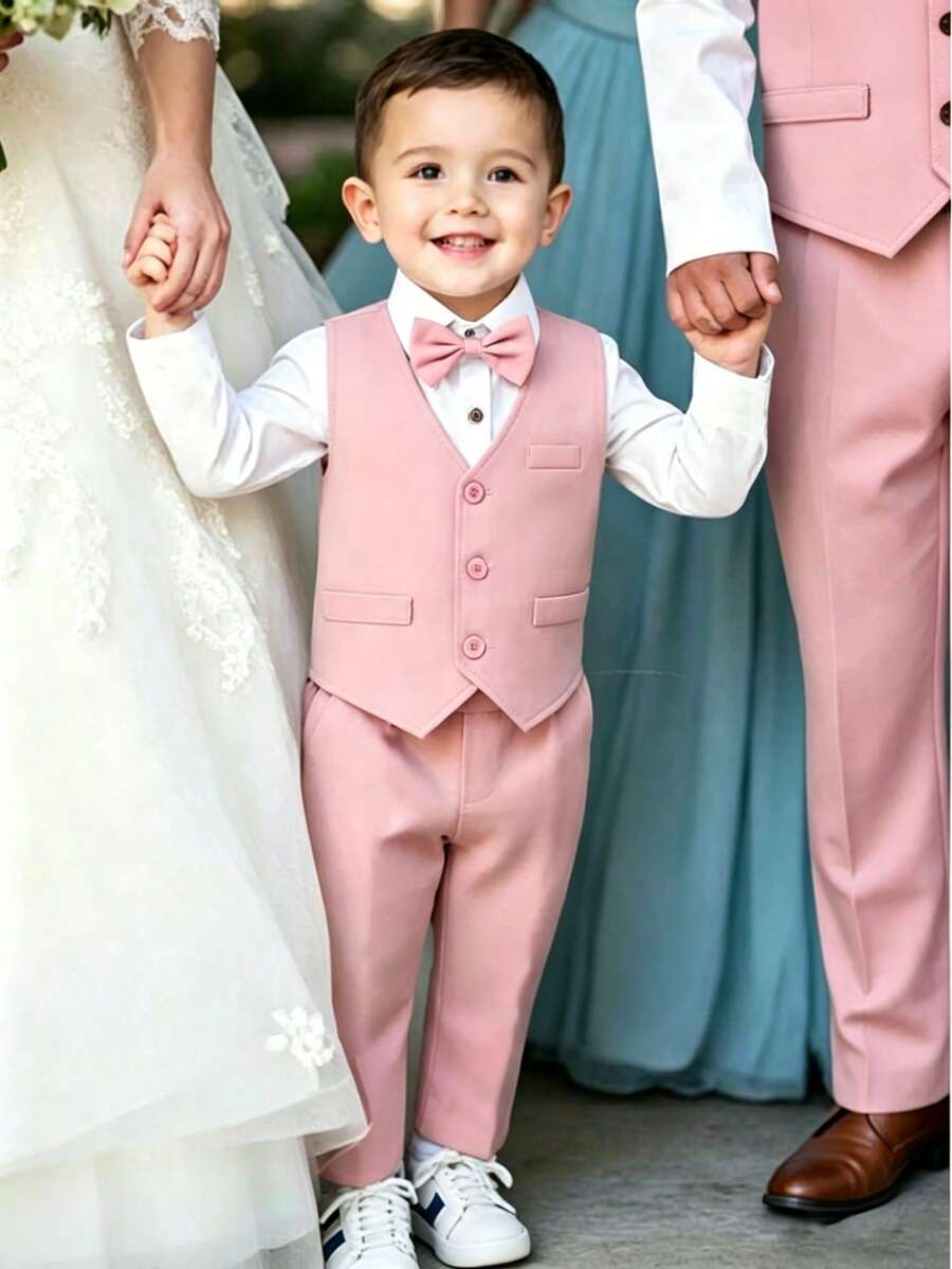Young Boy Spring/Autumn New Bow Tie Shirt, Solid Color Vest, Straight Leg Pants 3-Piece Gentleman Suit Set, Suitable For Banquets, School Opening Season, School Events, Parties, Performances And Other Formal Occasions - Pink - View 1