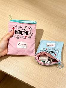 「Medicine」圖案印花便攜藥袋 藥丸收納盒 急救包 化妝包 零錢包，適合日常使用/戶外/旅行，便於攜行的收納、化妝品、手機及其他小物品收納，旅行必備，聖誕禮物，個性化禮物袋，教師節禮物，小禮物交換，房間裝飾 - 彩色 - 查看 3